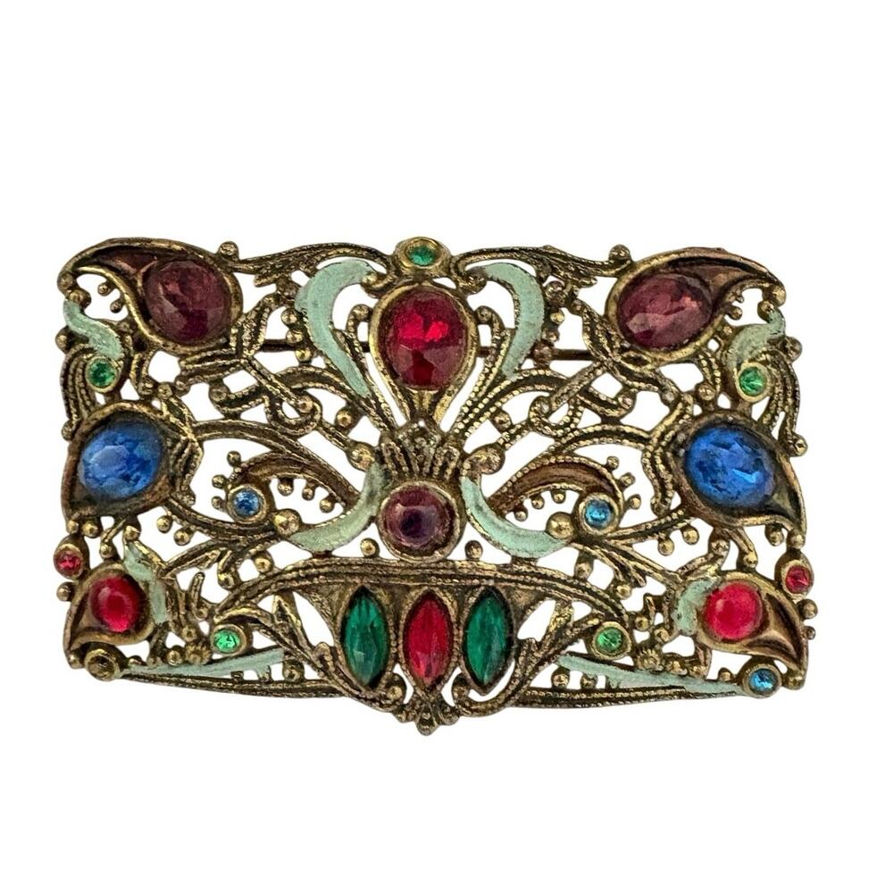 Vintage Filigree Rhinestone Brooch Gold Tone Openwork Statement Pin ~2.5” x 1”